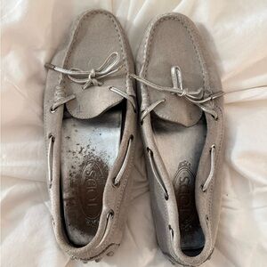 Tod's Light Grey/Stone Suede Gommino Driving Loafers with Silver Leather Laces